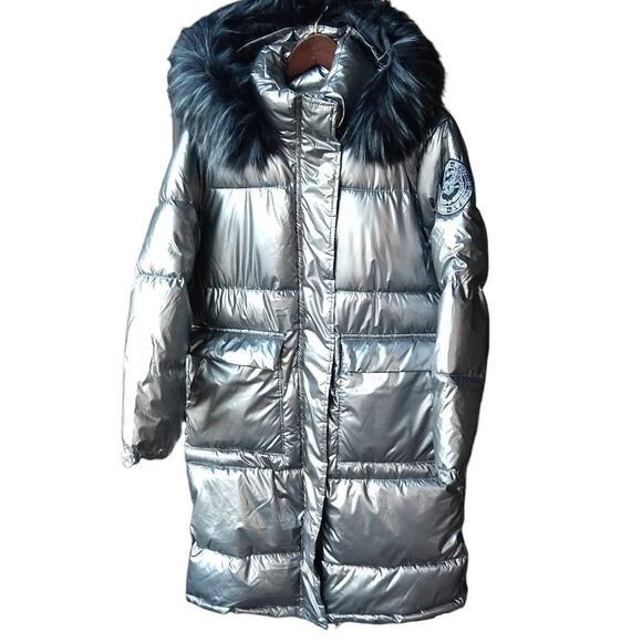 Miz 3006 Metallic Silver Puffer Coat L hooded vegan removable faux fur winter - Picture 4 of 16